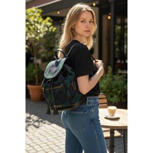 Dooney & Bourke Plaid Canvas & Leather Backpack With Tassel Accents